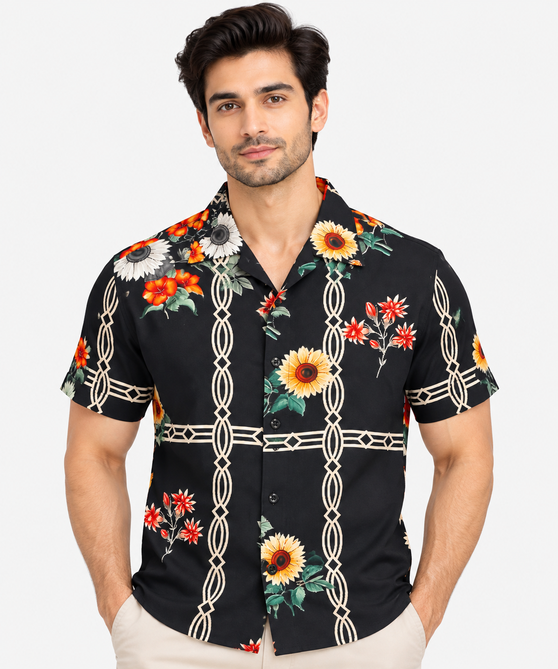 Men’s Black Multicolour Floral Print Half Sleeve Shirt