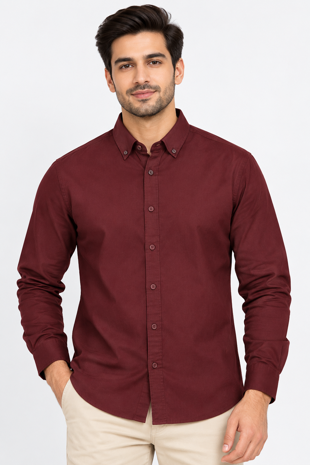 Men’s Maroon Solid Button-Down Collar Shirt