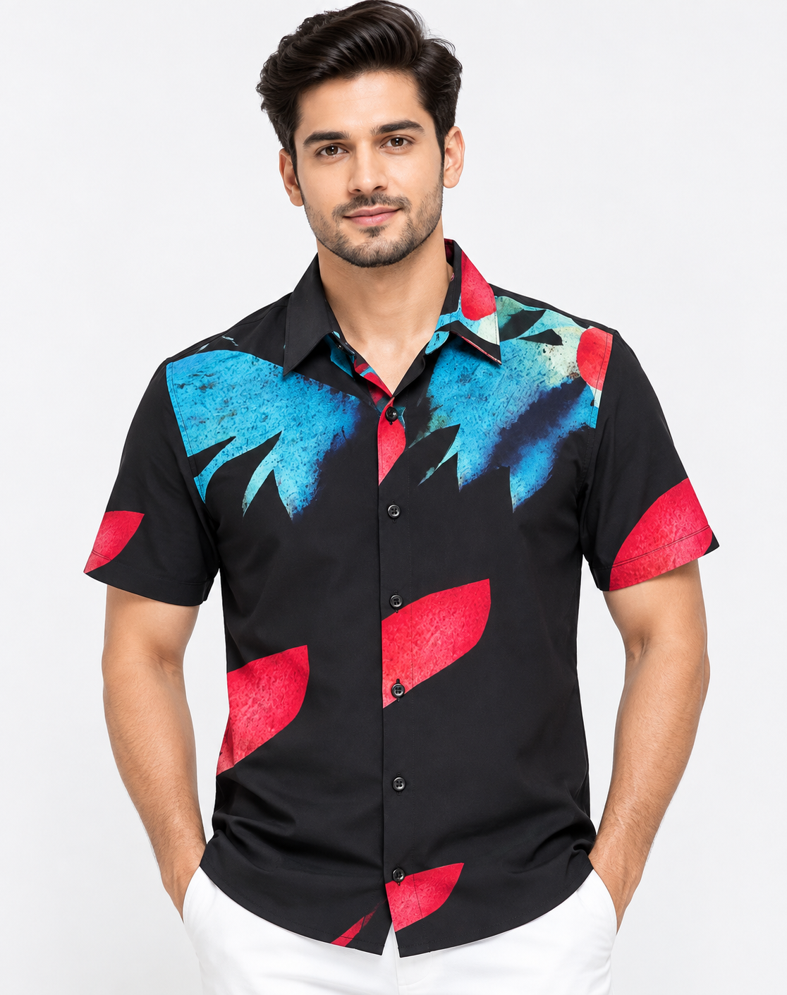 Men’s Black Multicolour Abstract Print Half Sleeve Shirt