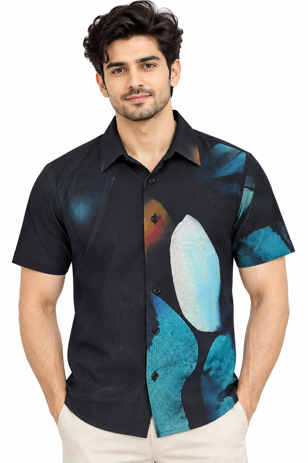 Men’s Black Abstract Print Half Sleeve Shirt