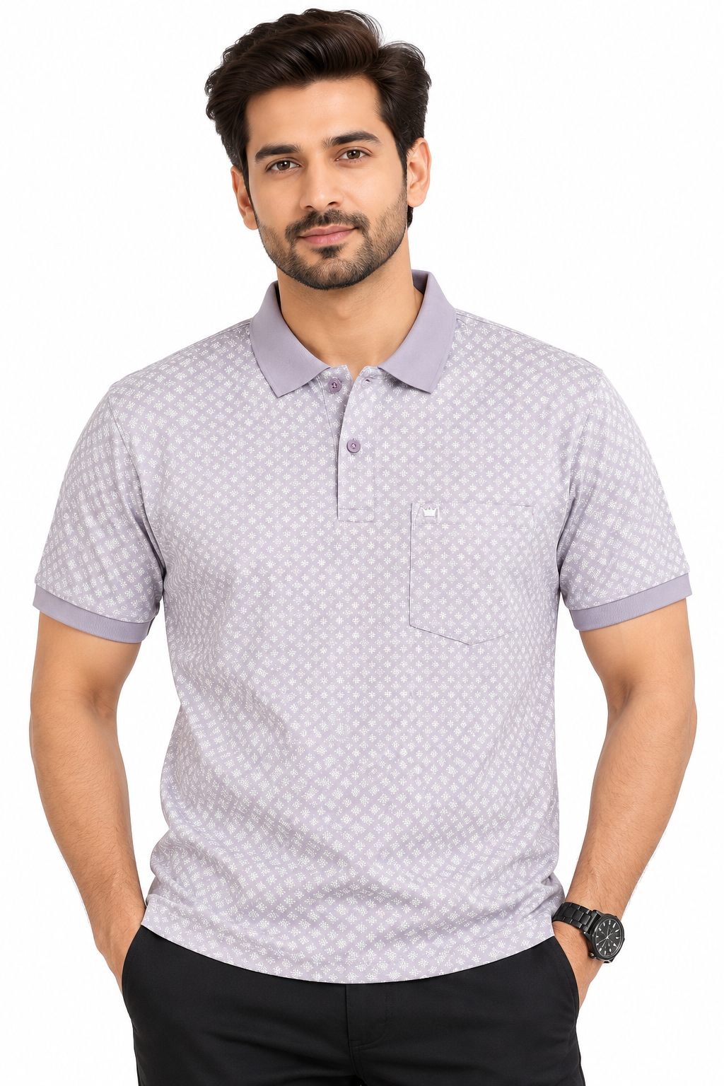 Men’s Purple Micro Printed Polo Collar T-Shirt