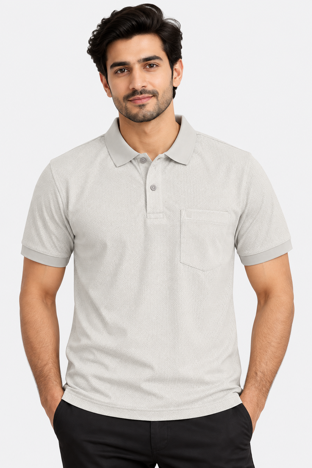 Men’s Light Grey Micro Printed Polo Collar T-Shirt