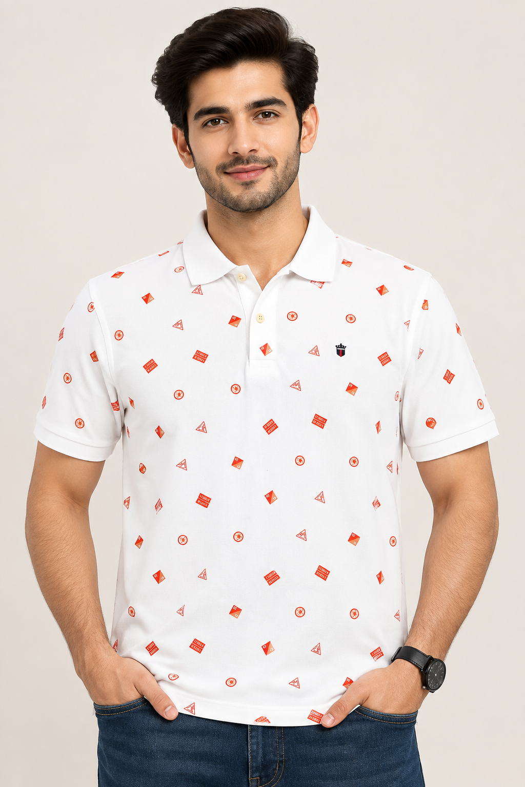 Men’s Grey & Brown Micro Printed Polo Collar T-Shirt