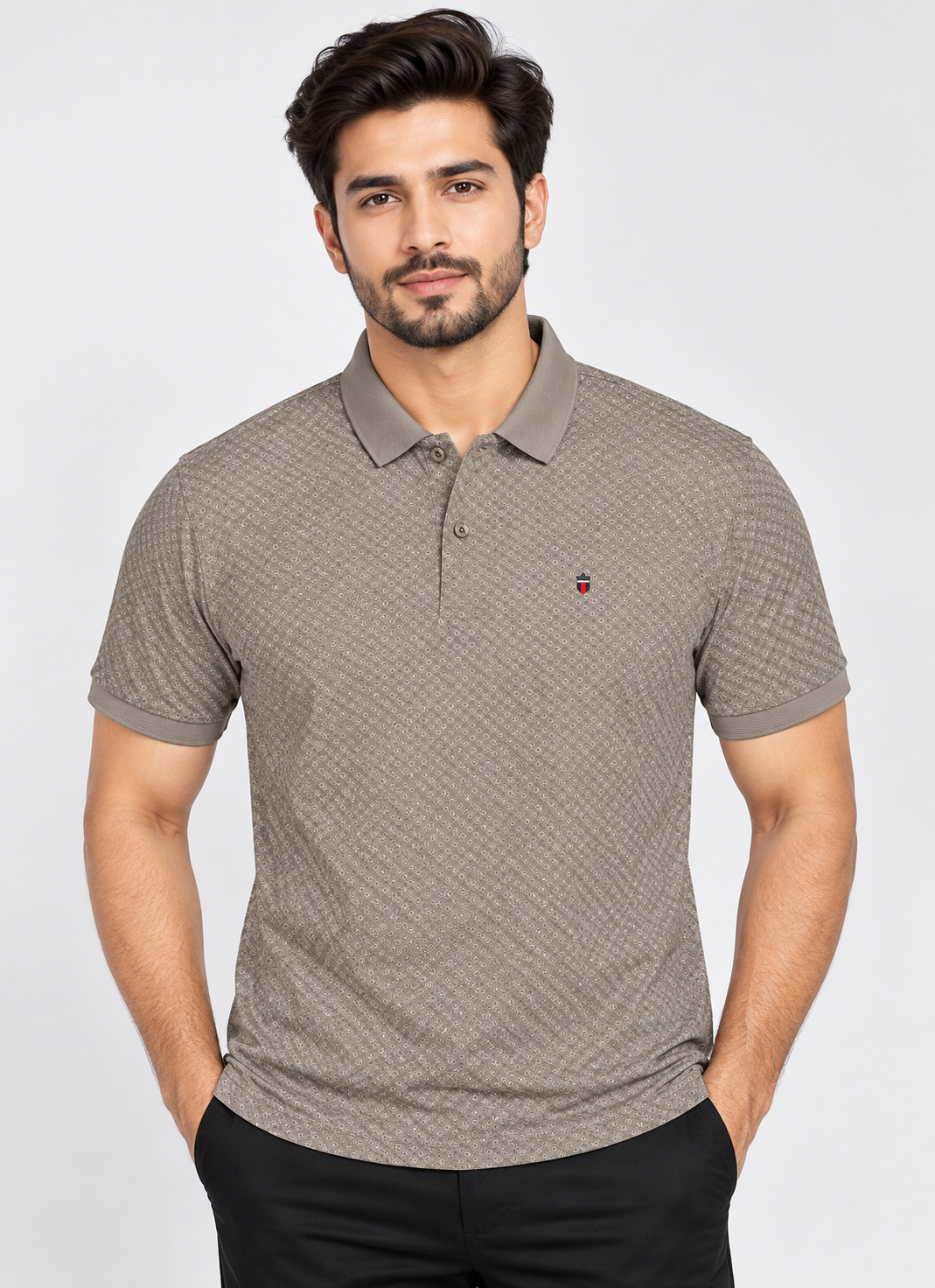 Men’s Grey & Brown Micro Printed Polo Collar T-Shirt