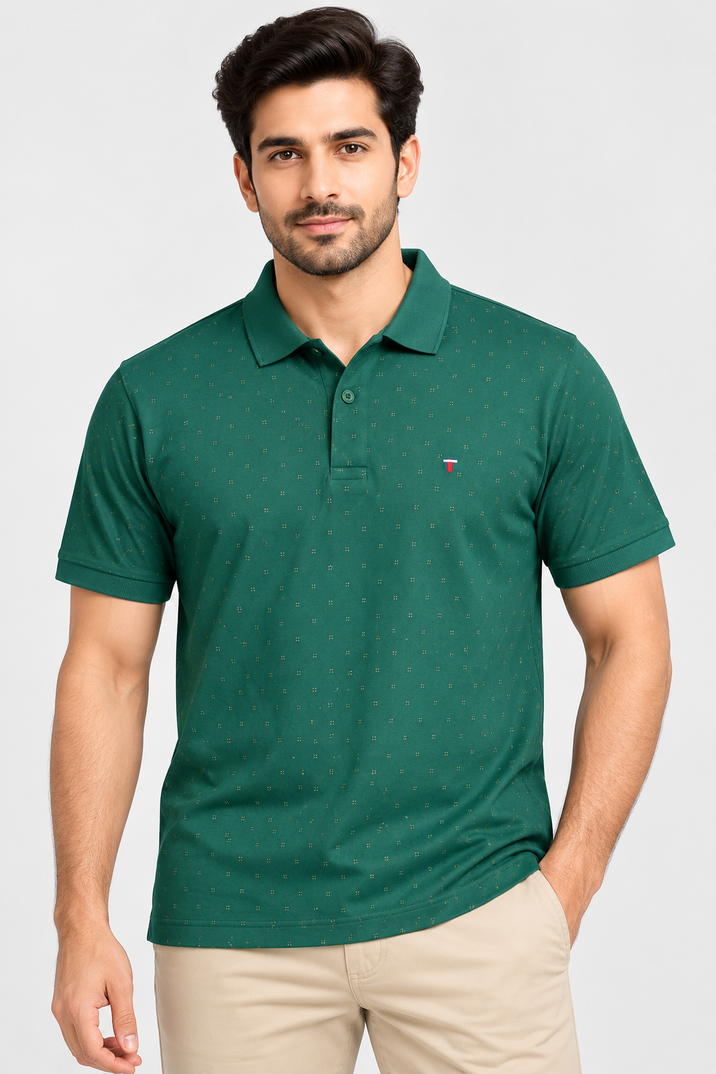 Men’s Dark Green Micro Printed Polo Collar T-Shirt