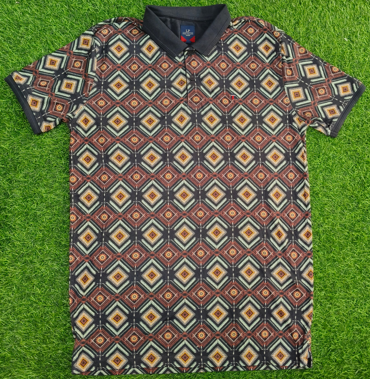 Men’s Black Multicolour Geometric Print Polo T-Shirt