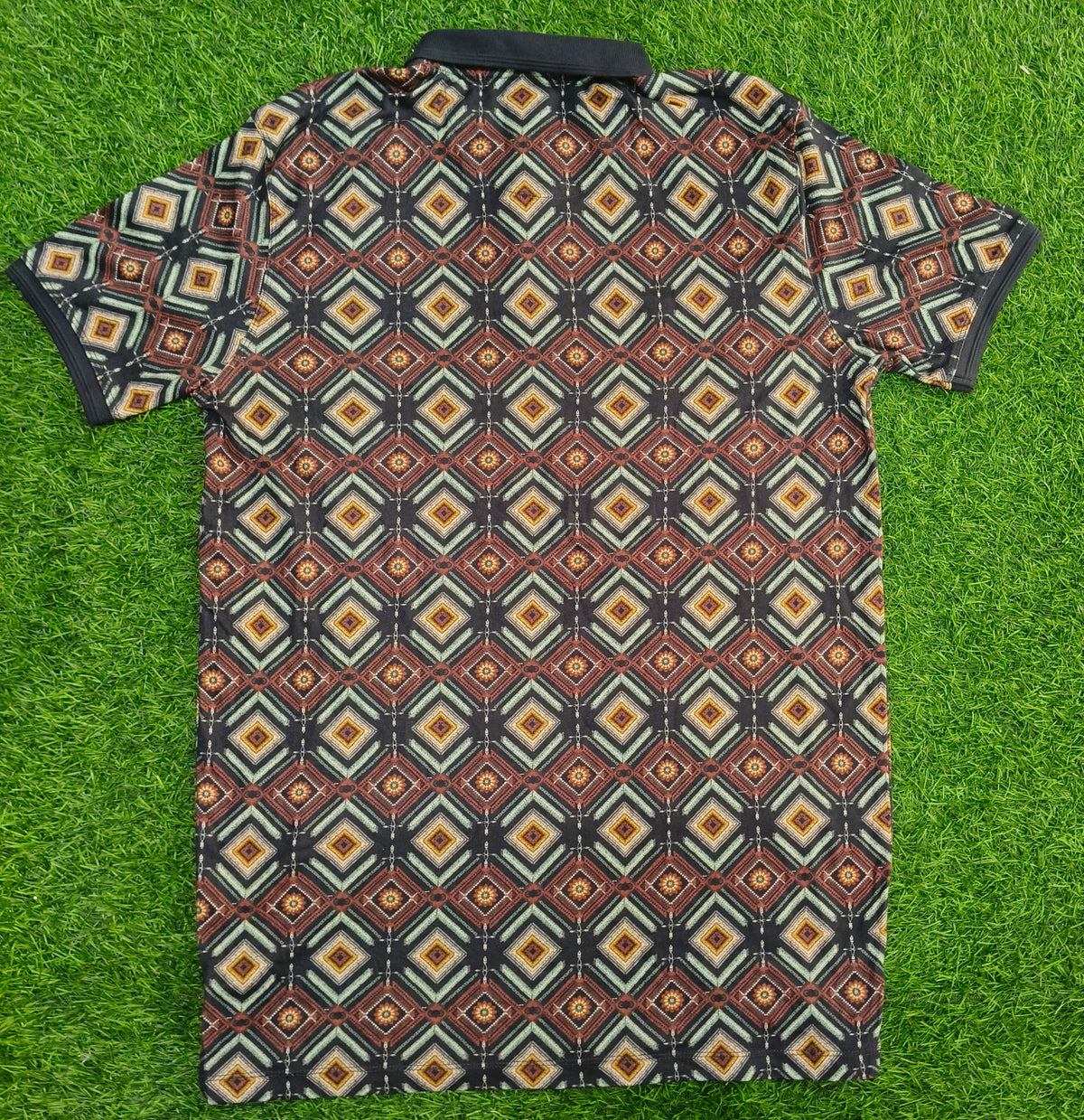 Men’s Black Multicolour Geometric Print Polo T-Shirt
