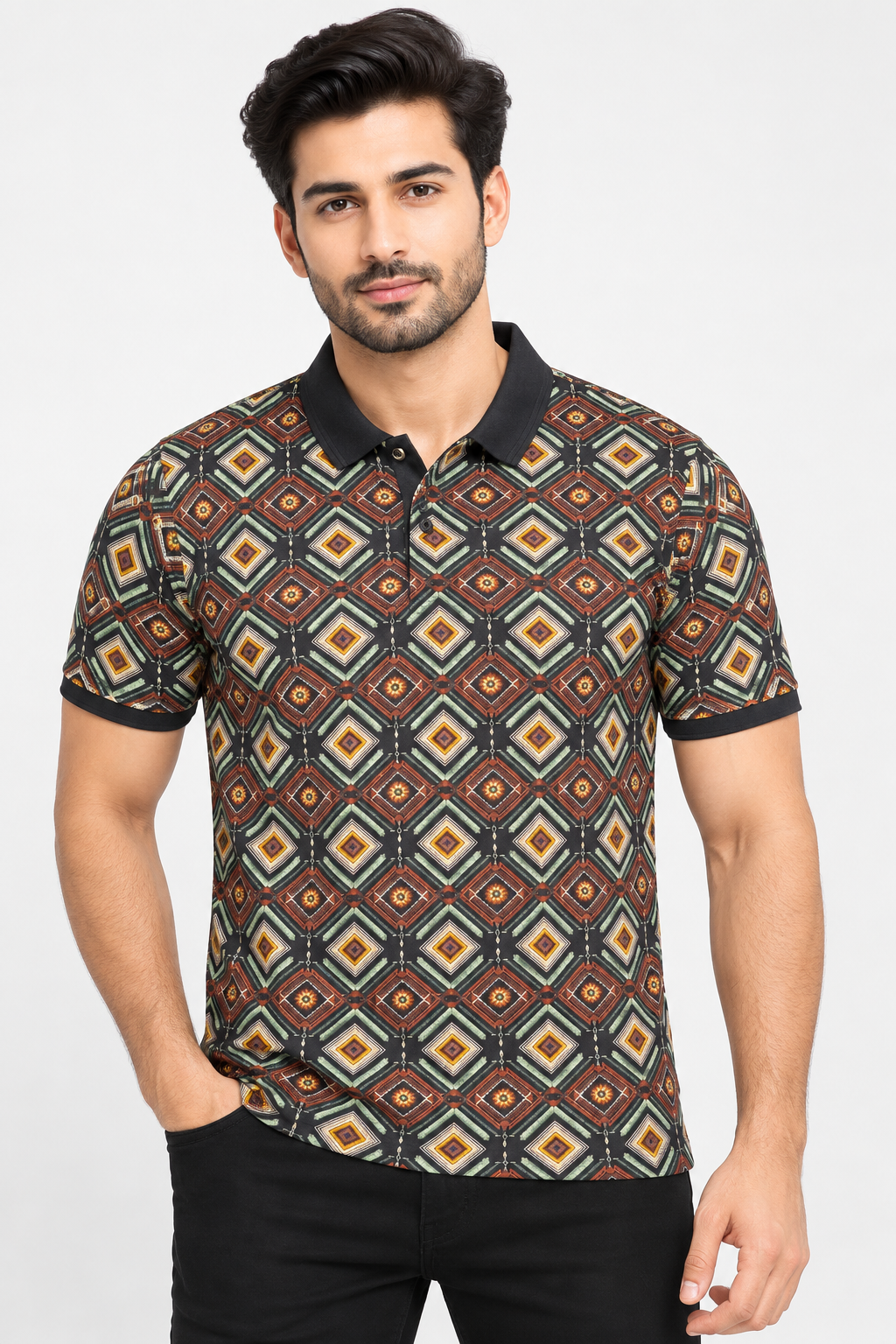 Men’s Black Multicolour Geometric Print Polo T-Shirt