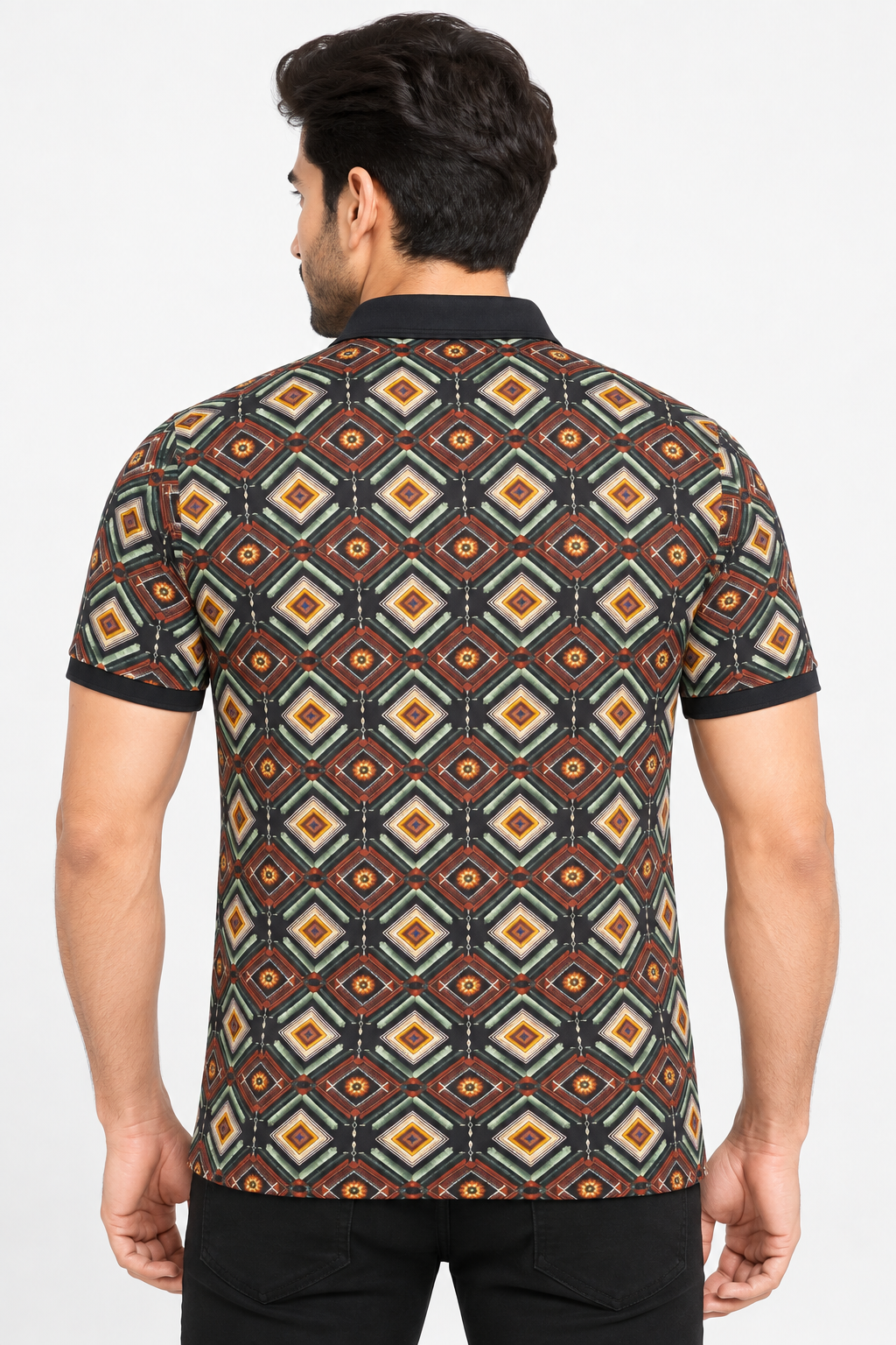Men’s Black Multicolour Geometric Print Polo T-Shirt