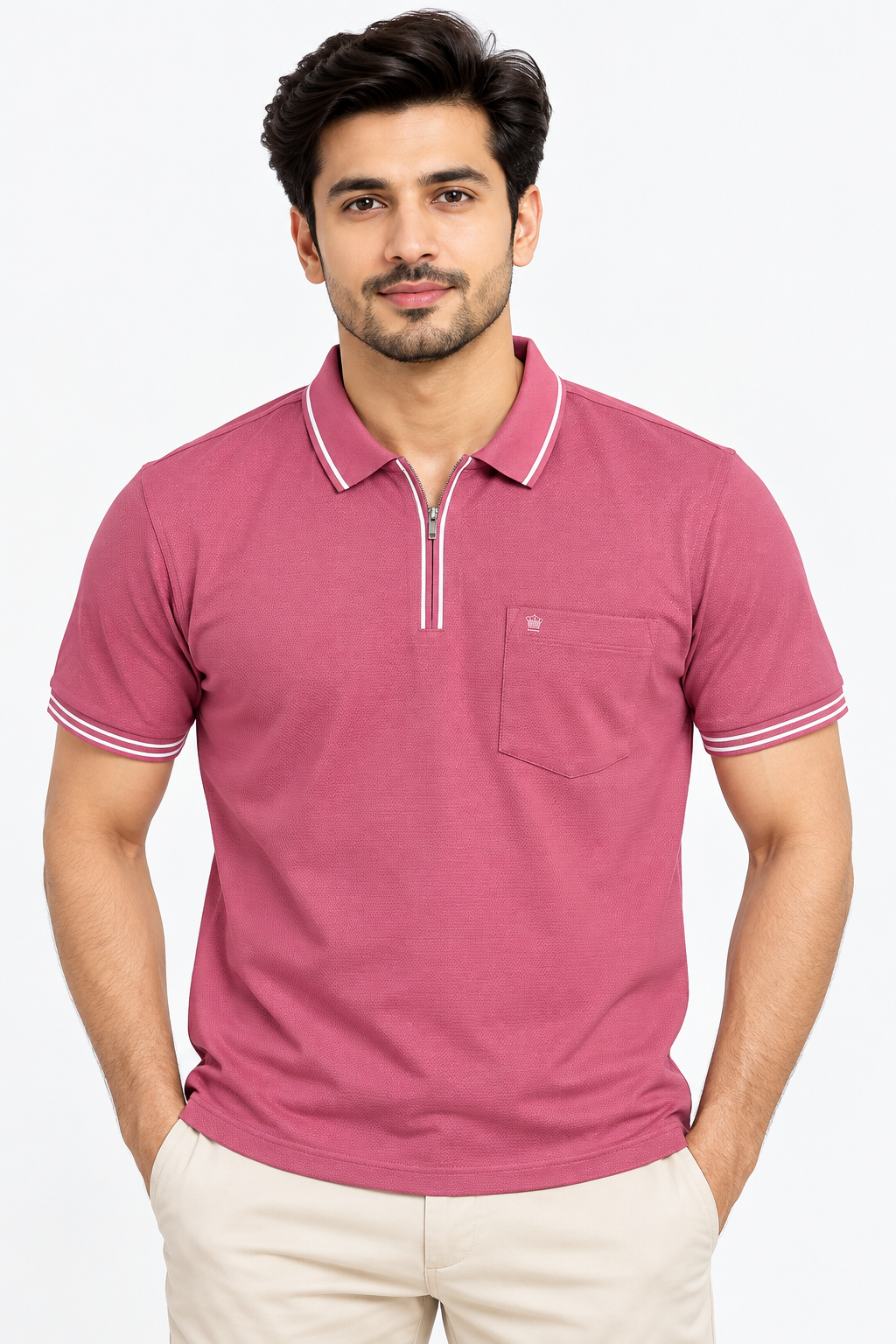 Men’s Dark Purple Textured Zip Polo Collar T-Shirt