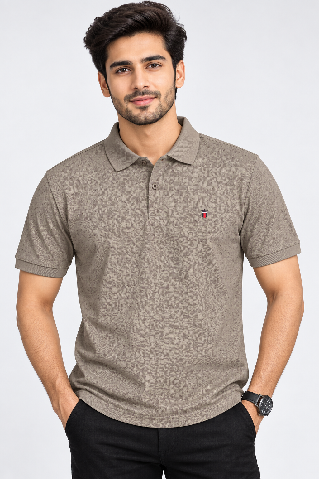 Men’s Brown Chevron Print Polo Collar T-Shirt