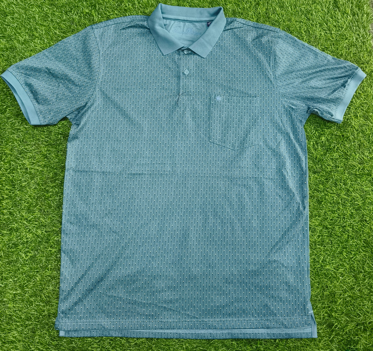 Men’s Teal Blue Geometric Print Polo Collar T-Shirt