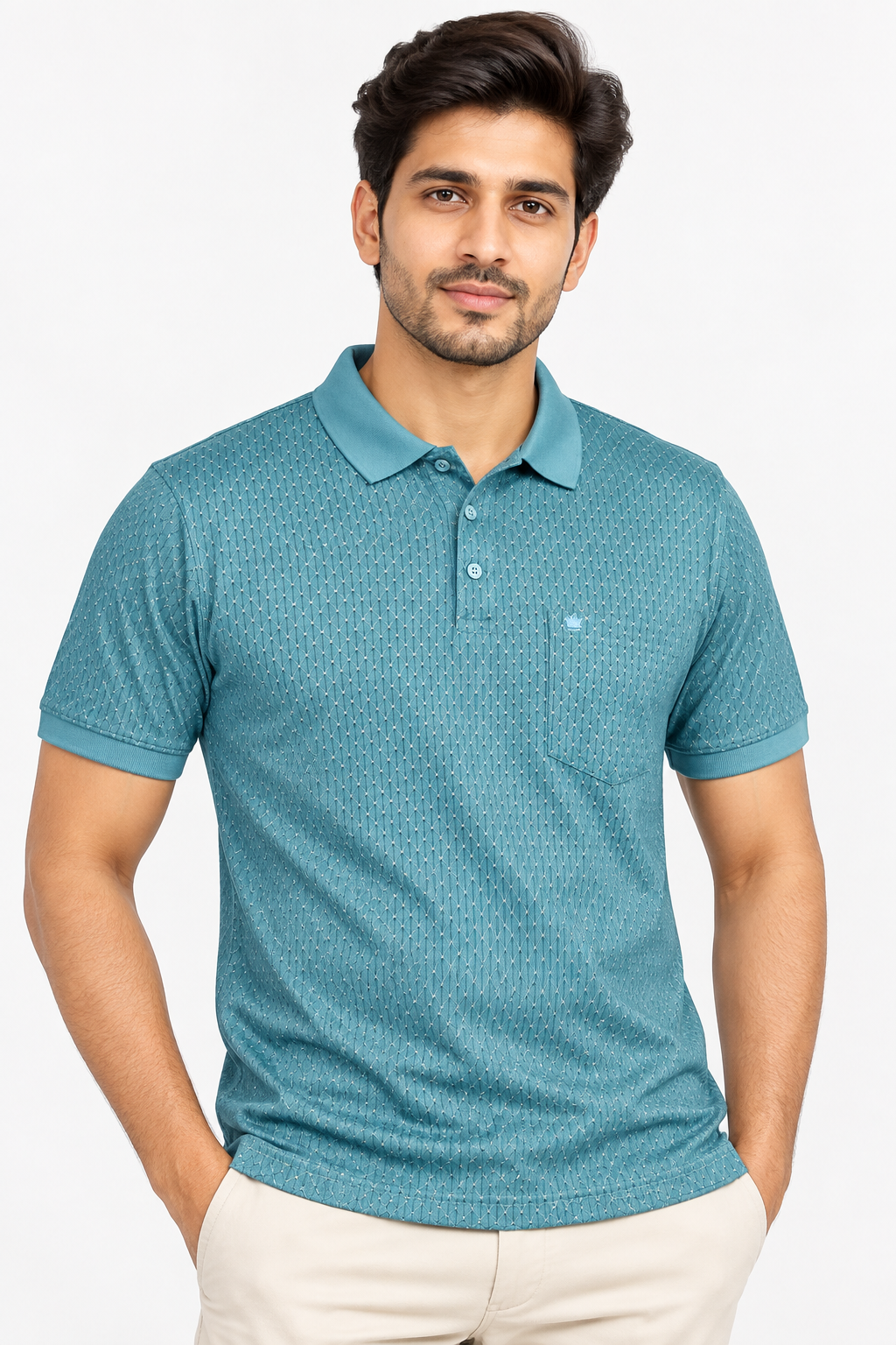 Men’s Teal Blue Geometric Print Polo Collar T-Shirt