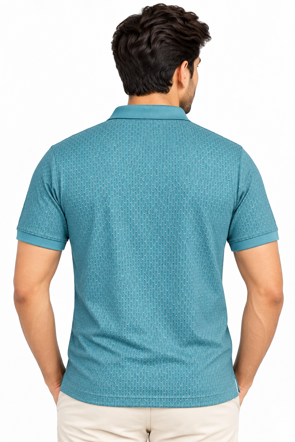 Men’s Teal Blue Geometric Print Polo Collar T-Shirt