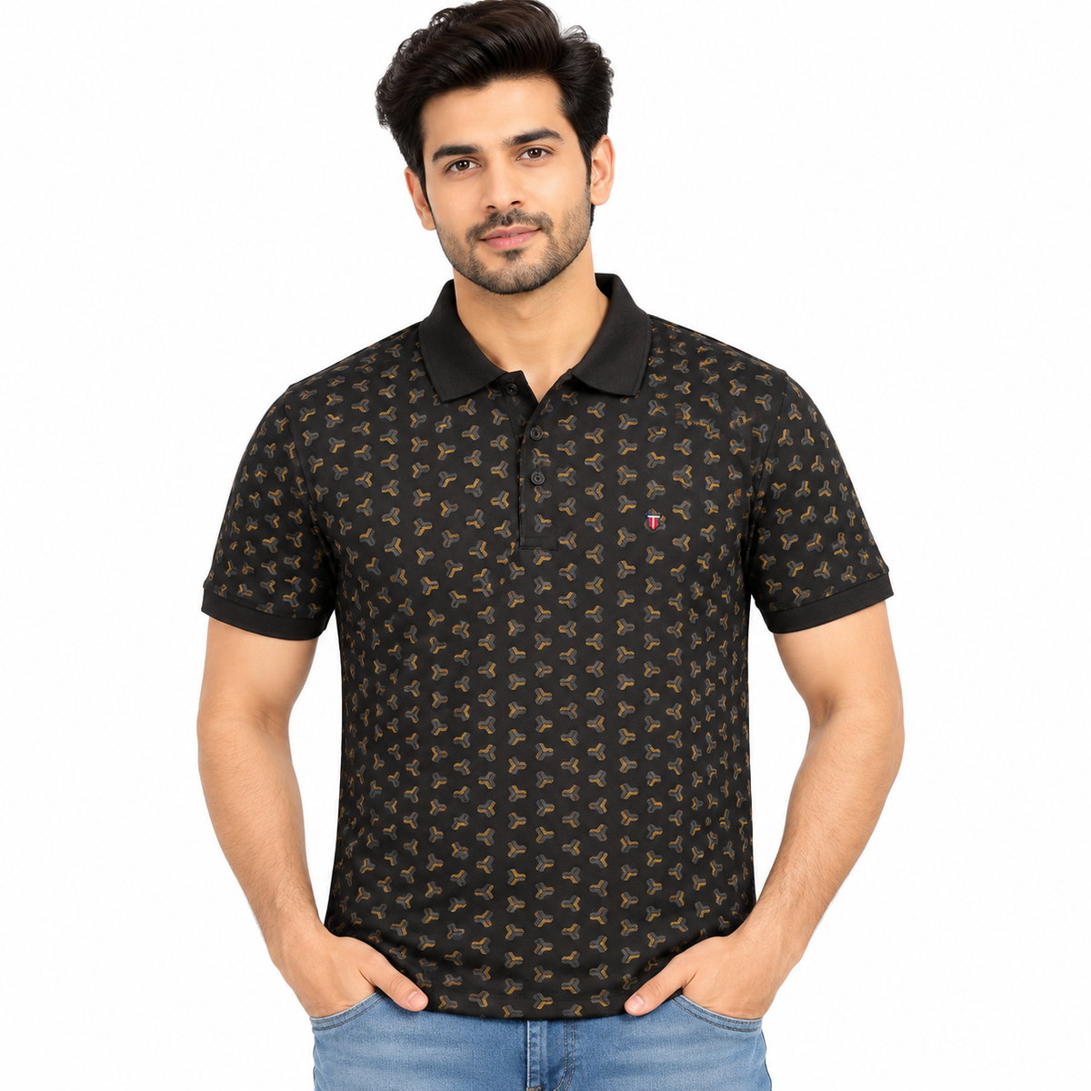Men’s Black & Brown Micro Print Polo Collar T-Shirt