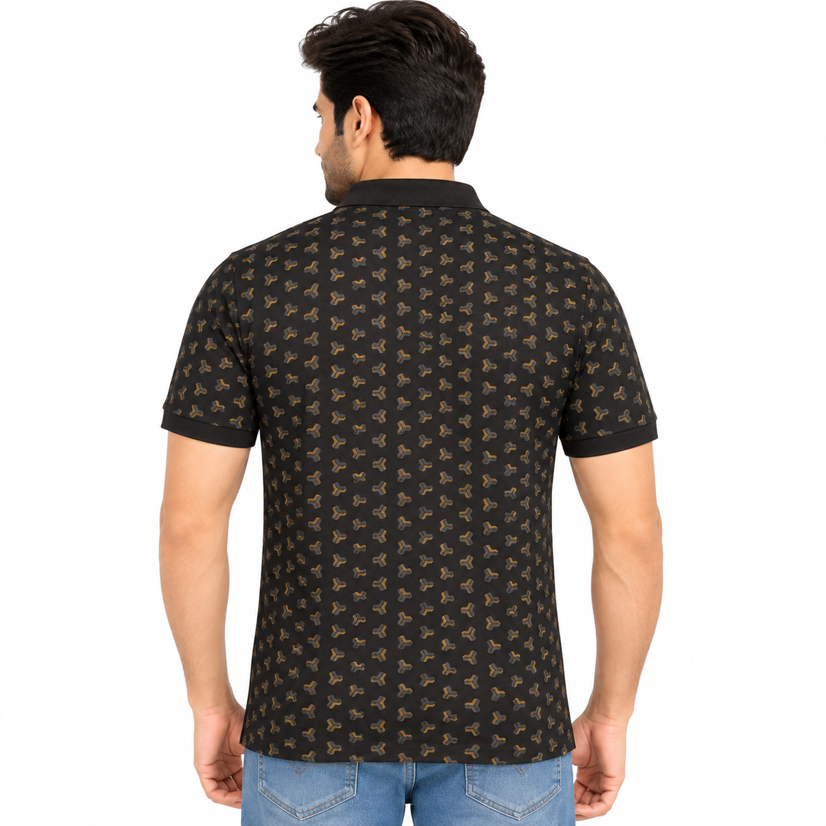 Men’s Black & Brown Micro Print Polo Collar T-Shirt