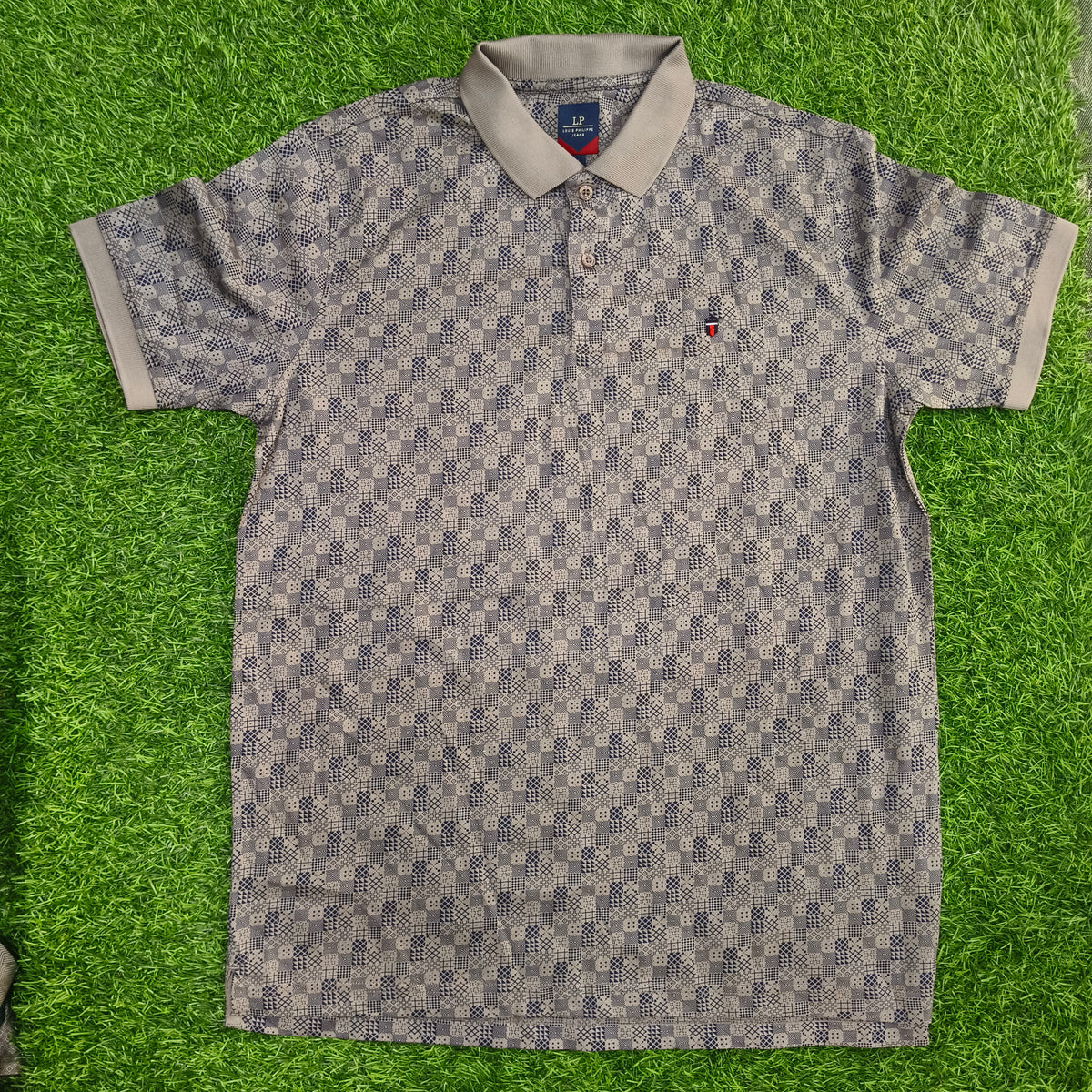 Men’s Grey & Navy Geometric Print Polo T-Shirt