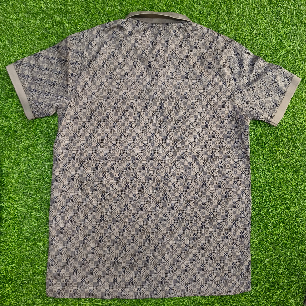 Men’s Grey & Navy Geometric Print Polo T-Shirt
