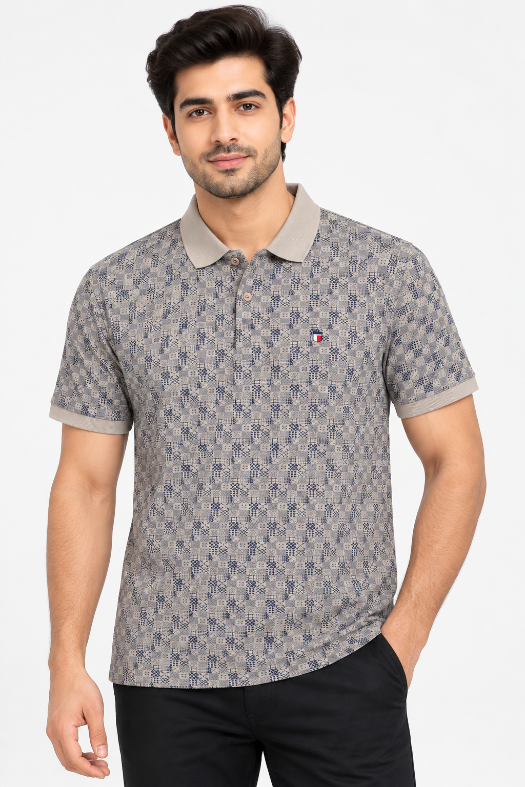 Men’s Grey & Navy Geometric Print Polo T-Shirt
