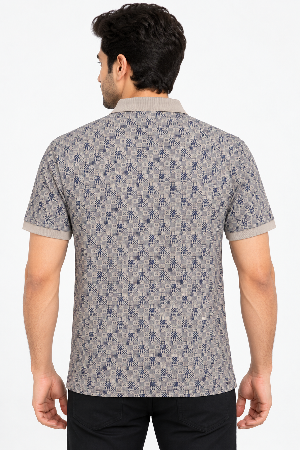 Men’s Grey & Navy Geometric Print Polo T-Shirt