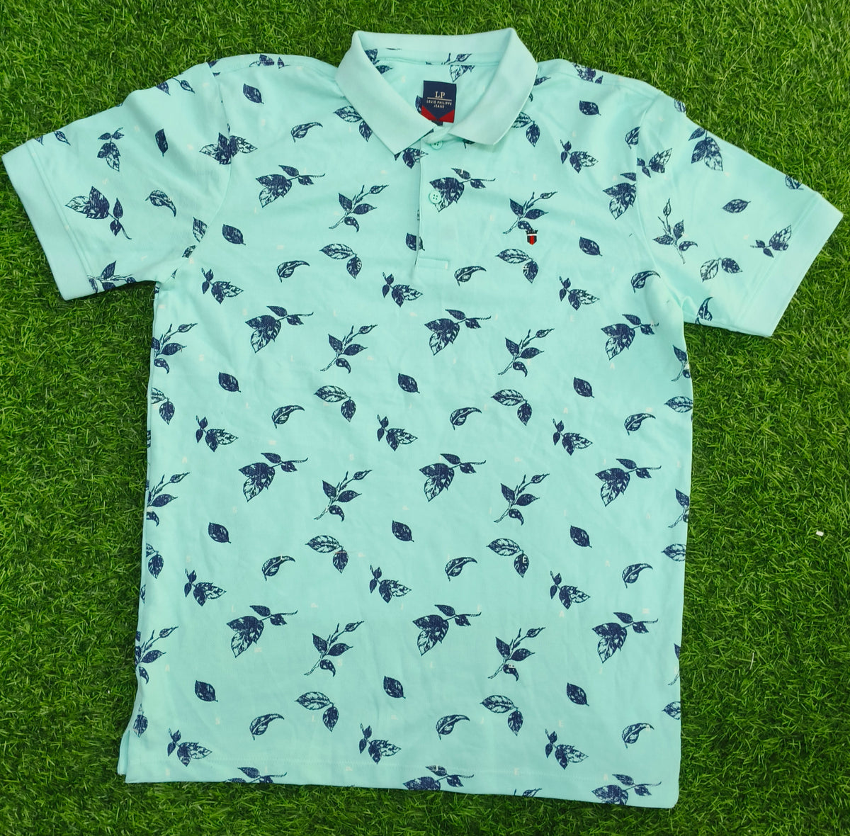 Men’s Aqua Blue Leaf Print Polo T-Shirt