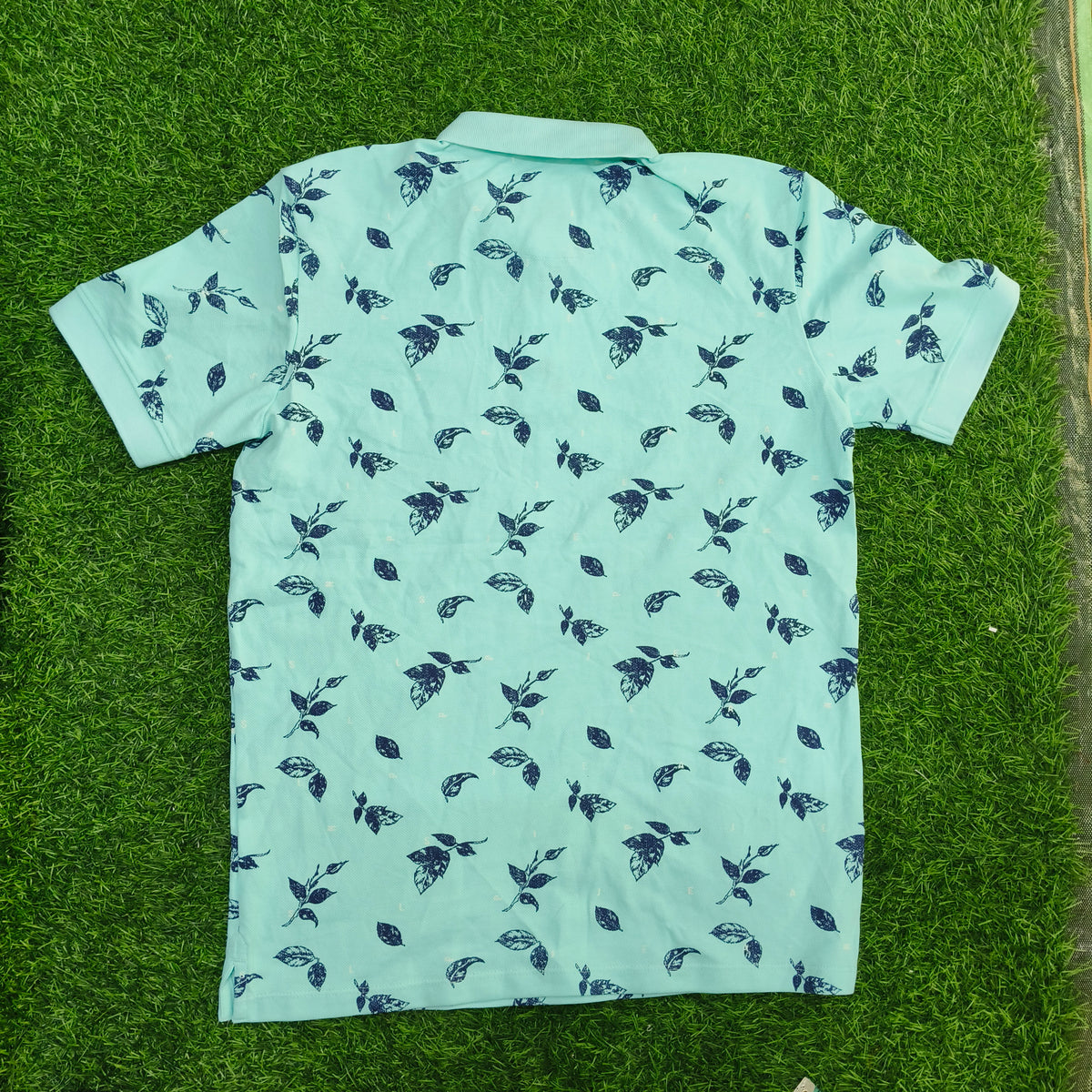 Men’s Aqua Blue Leaf Print Polo T-Shirt