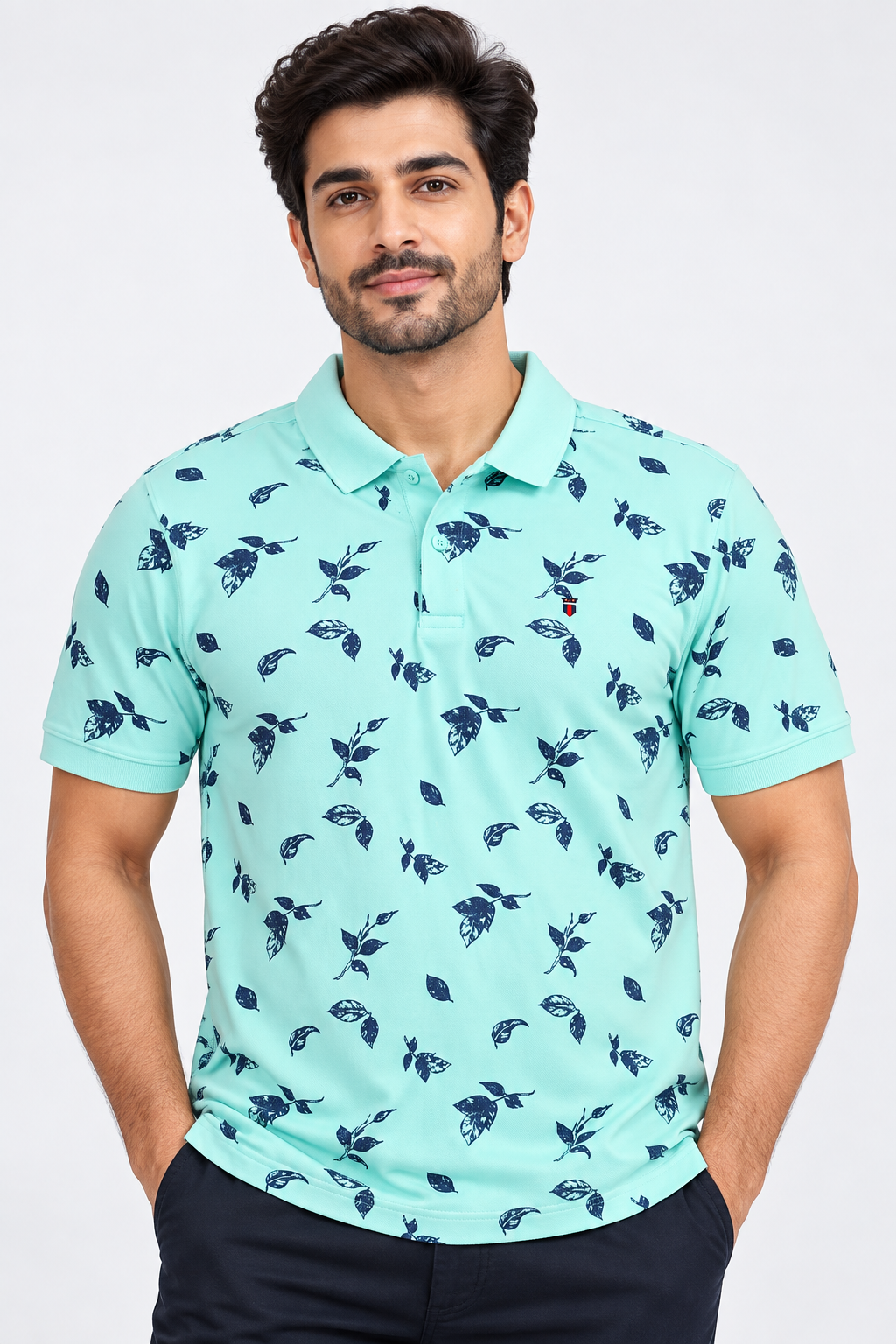 Men’s Aqua Blue Leaf Print Polo T-Shirt
