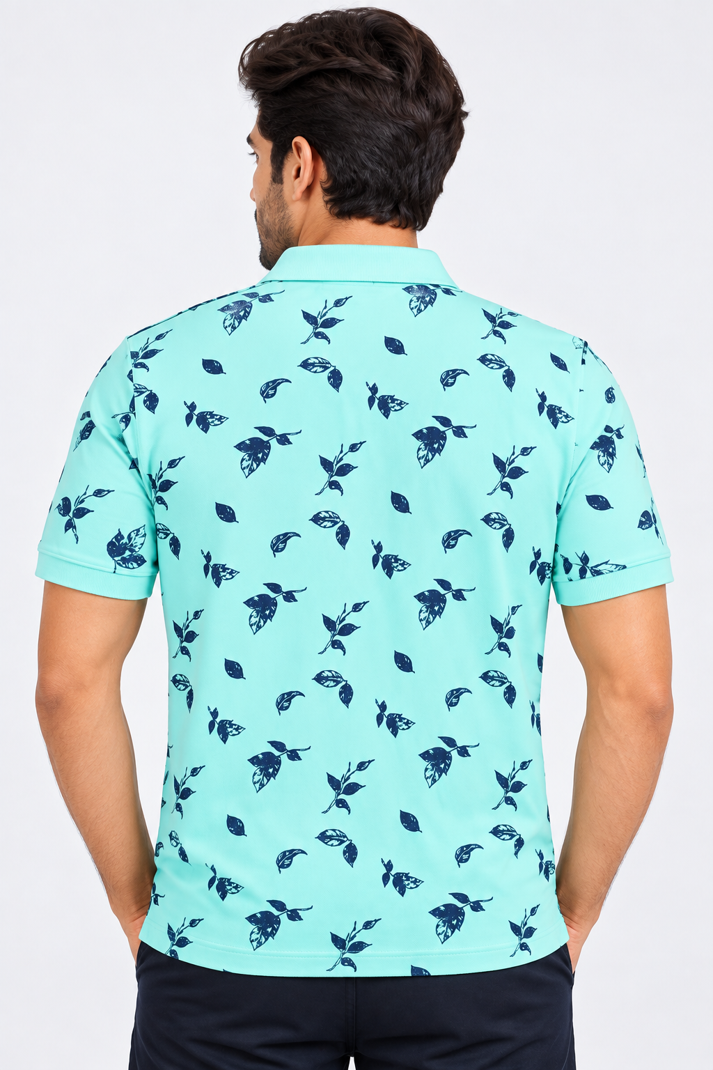Men’s Aqua Blue Leaf Print Polo T-Shirt