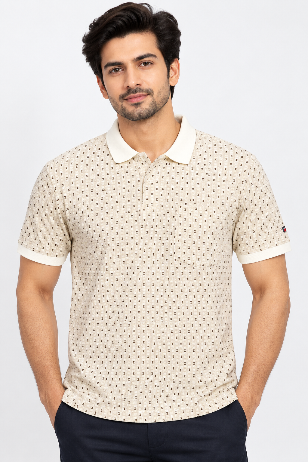 Men’s Cream Printed Collar Polo T-Shirt