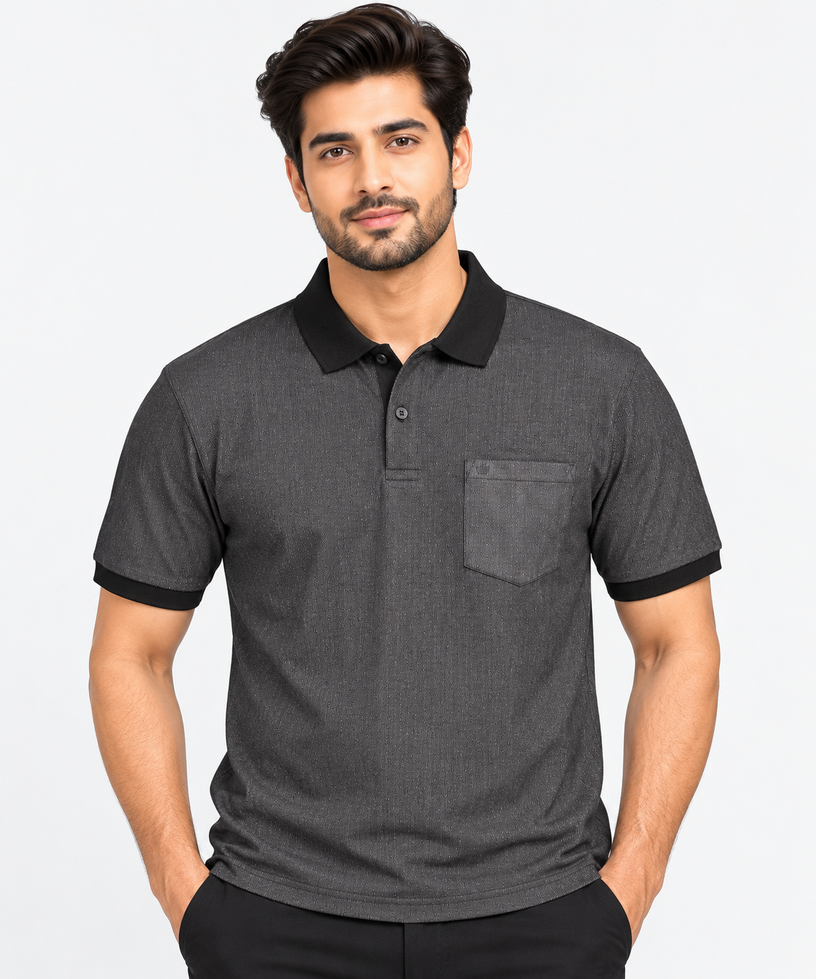 Men’s Black & Grey Printed Collar Polo T-Shirt