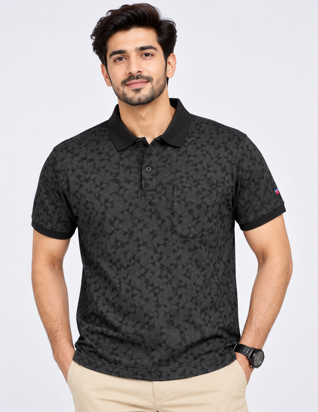 Men’s Black & Grey Geometric Printed Collar Polo T-Shirt