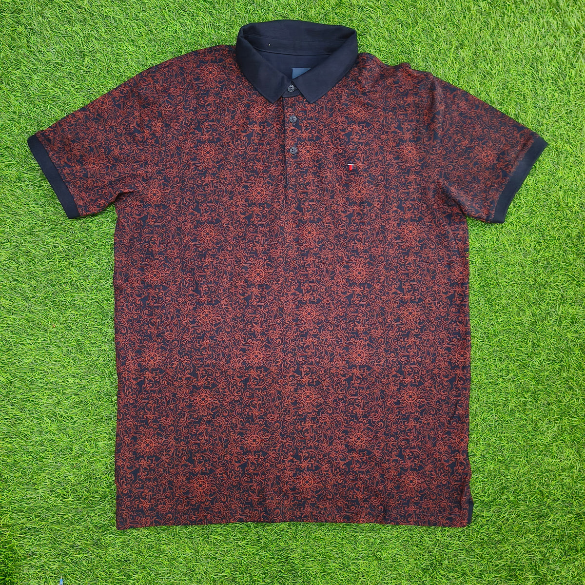 Men’s Navy Blue & Rust Floral Printed Collar Polo T-Shirt