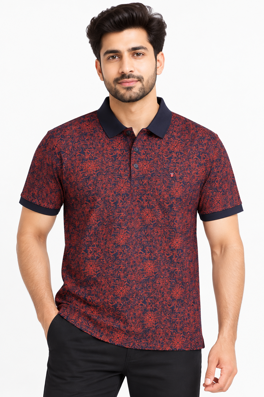 Men’s Navy Blue & Rust Floral Printed Collar Polo T-Shirt