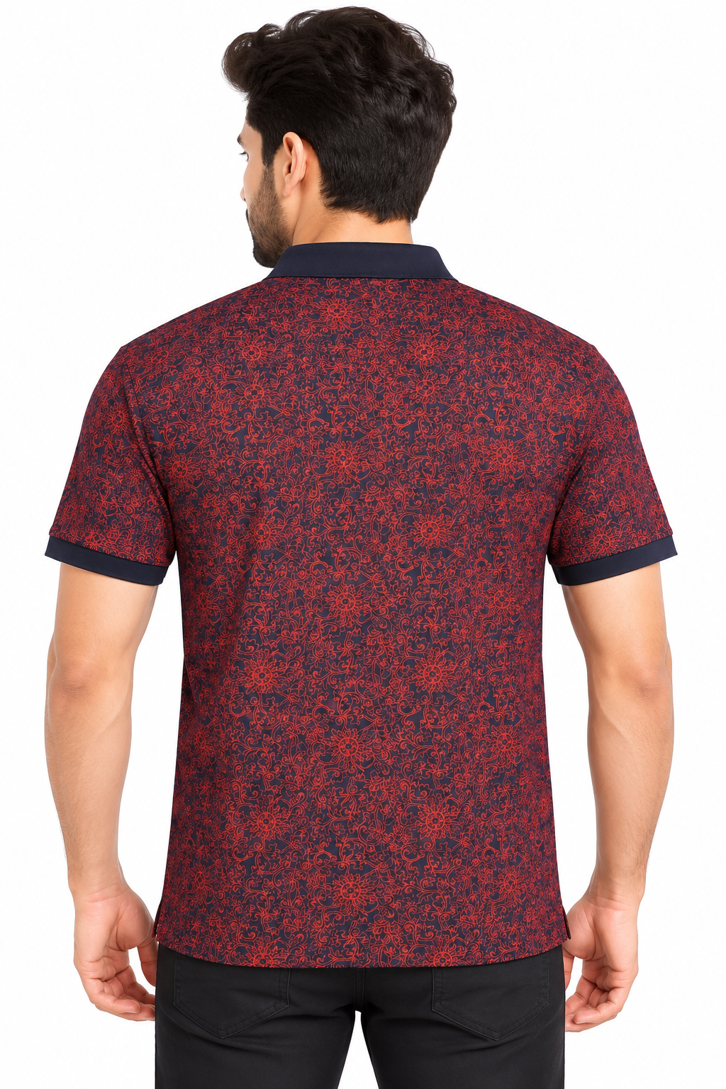 Men’s Navy Blue & Rust Floral Printed Collar Polo T-Shirt