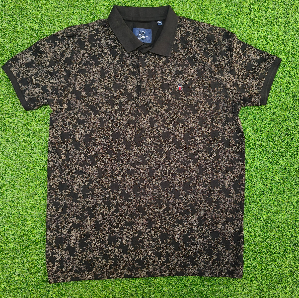 Men’s Black & Beige Floral Printed Collar Polo T-Shirt