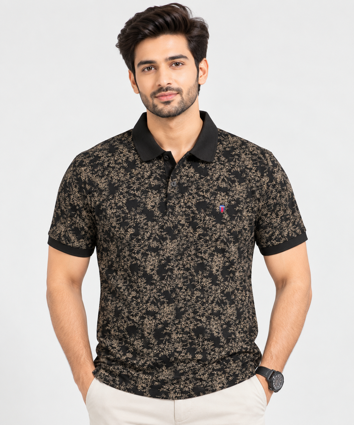 Men’s Black & Beige Floral Printed Collar Polo T-Shirt