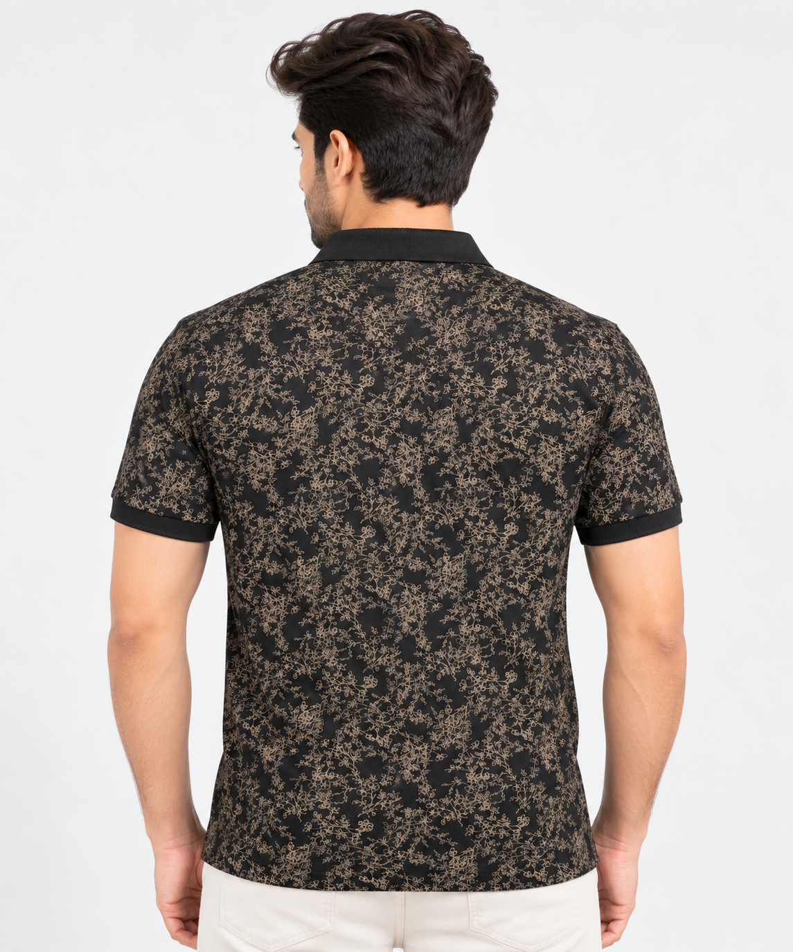 Men’s Black & Beige Floral Printed Collar Polo T-Shirt