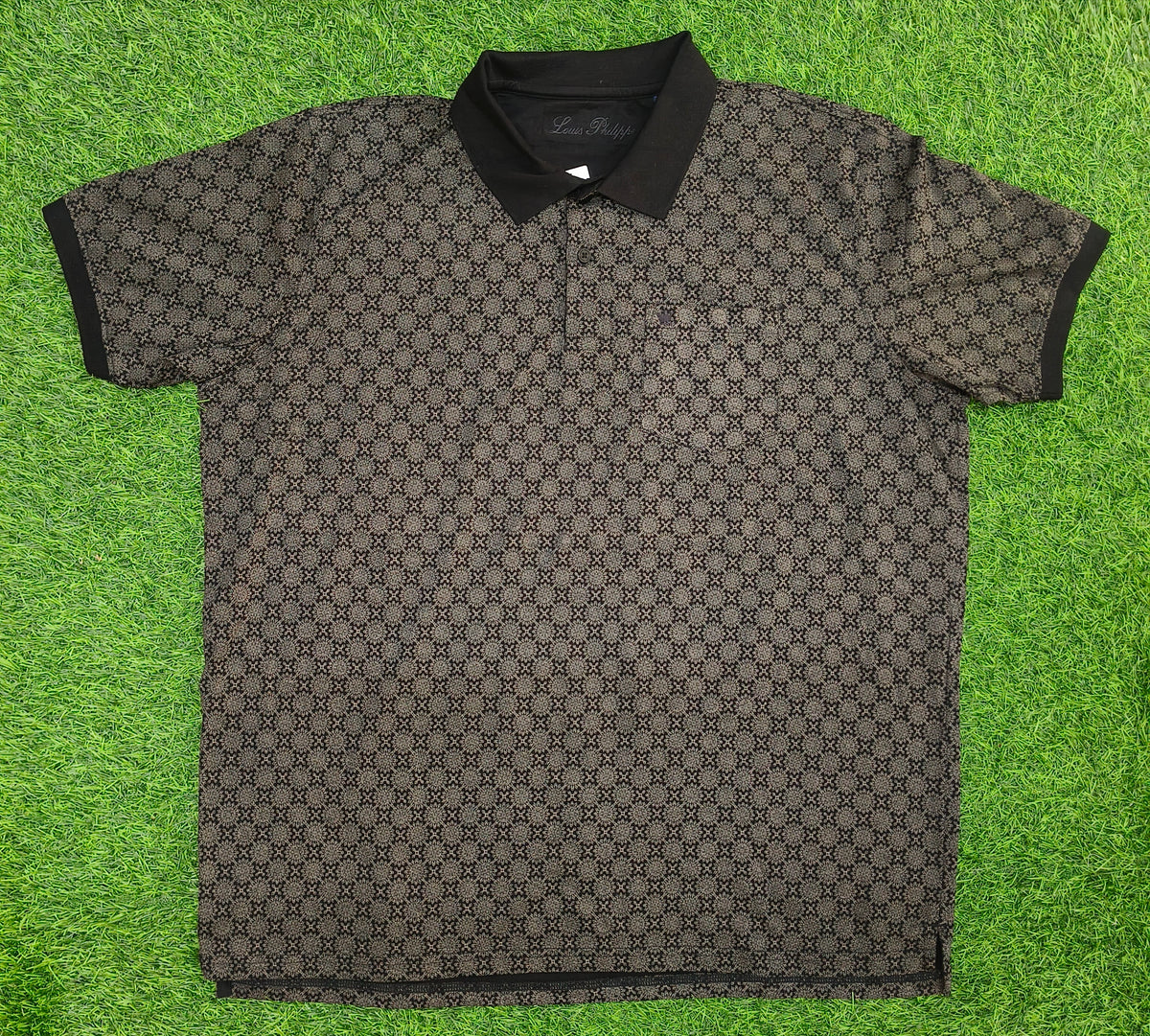 Men’s Black & Beige Micro Floral Print Collar Polo T-Shirt