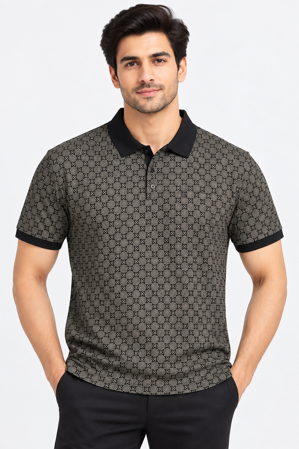 Men’s Black & Beige Micro Floral Print Collar Polo T-Shirt