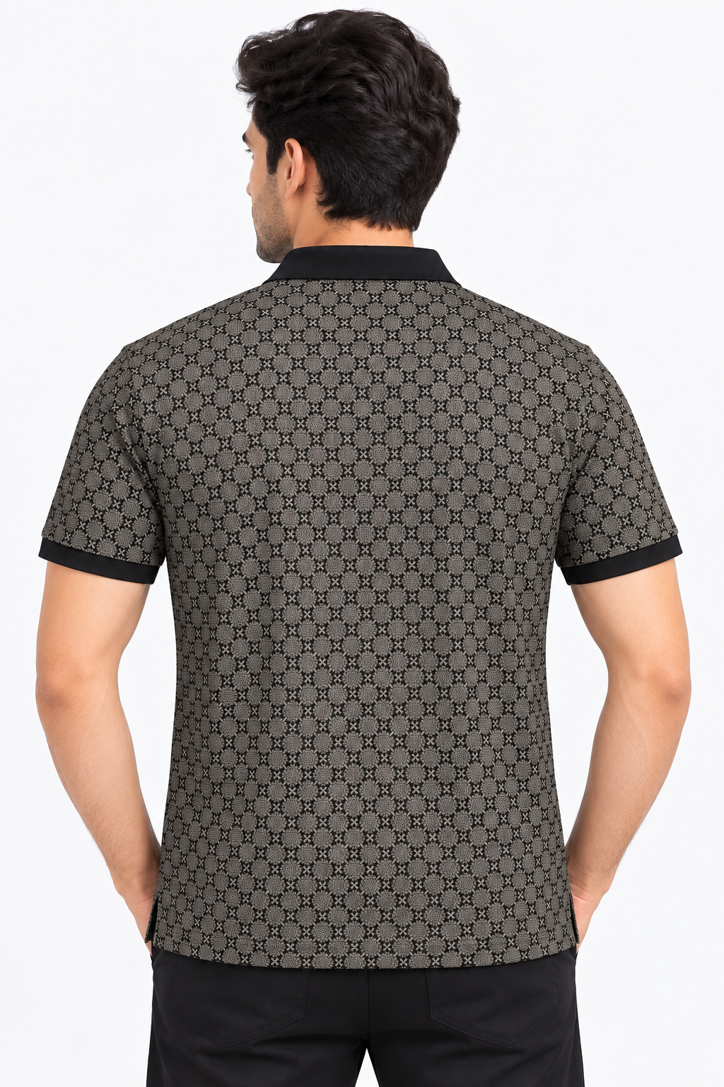 Men’s Black & Beige Micro Floral Print Collar Polo T-Shirt