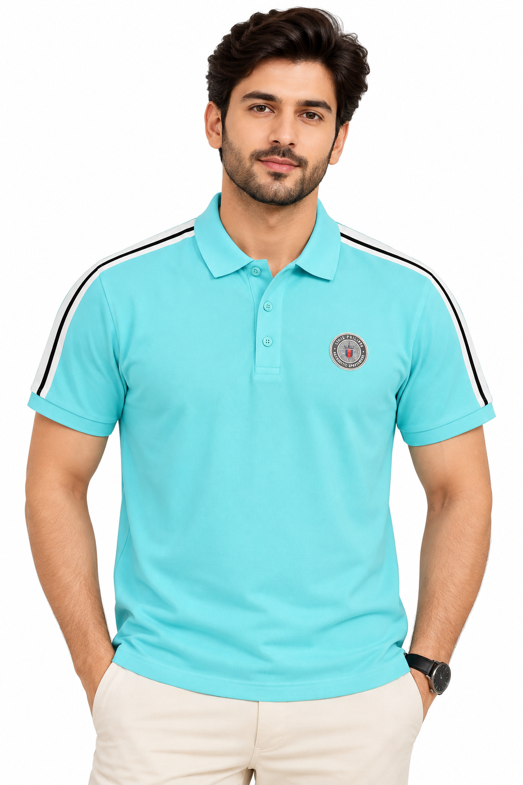 Men’s Aqua Blue Shoulder Stripe Collar Polo T-Shirt