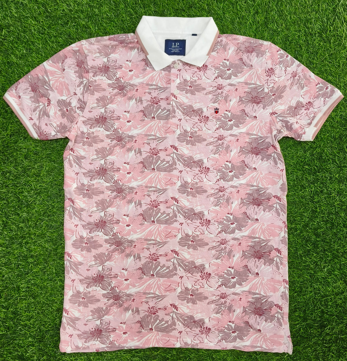 Men’s Light Pink Floral Print White Collar Polo T-Shirt