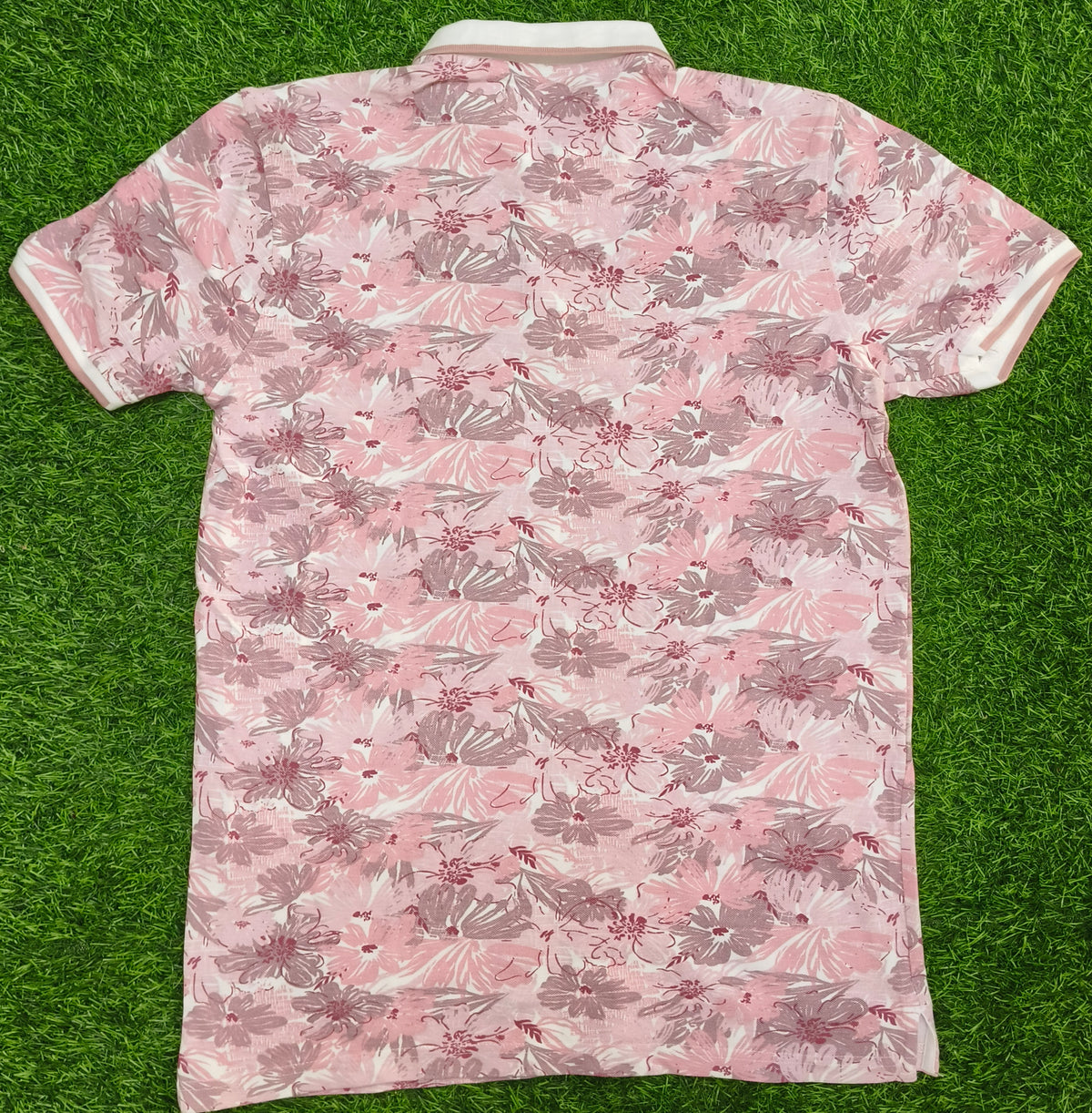 Men’s Light Pink Floral Print White Collar Polo T-Shirt