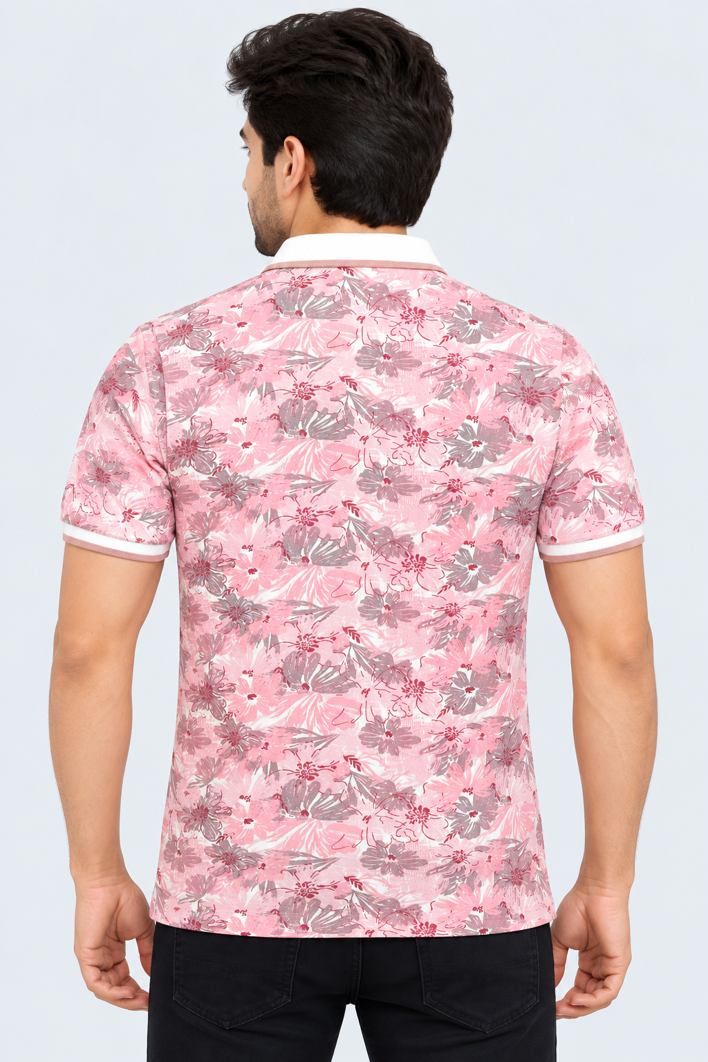 Men’s Light Pink Floral Print White Collar Polo T-Shirt