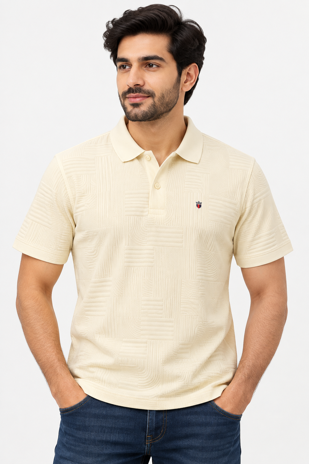 Men’s Cream Textured Polo Collar T-Shirt