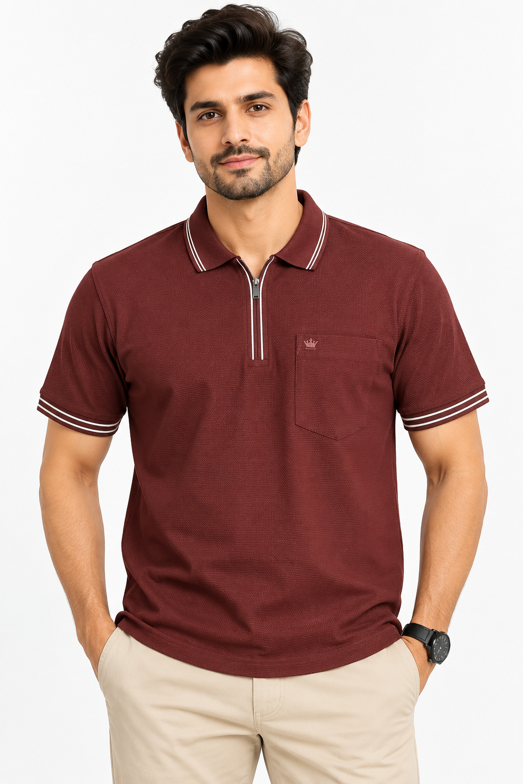 Men’s Maroon Textured Zip Polo T-Shirt