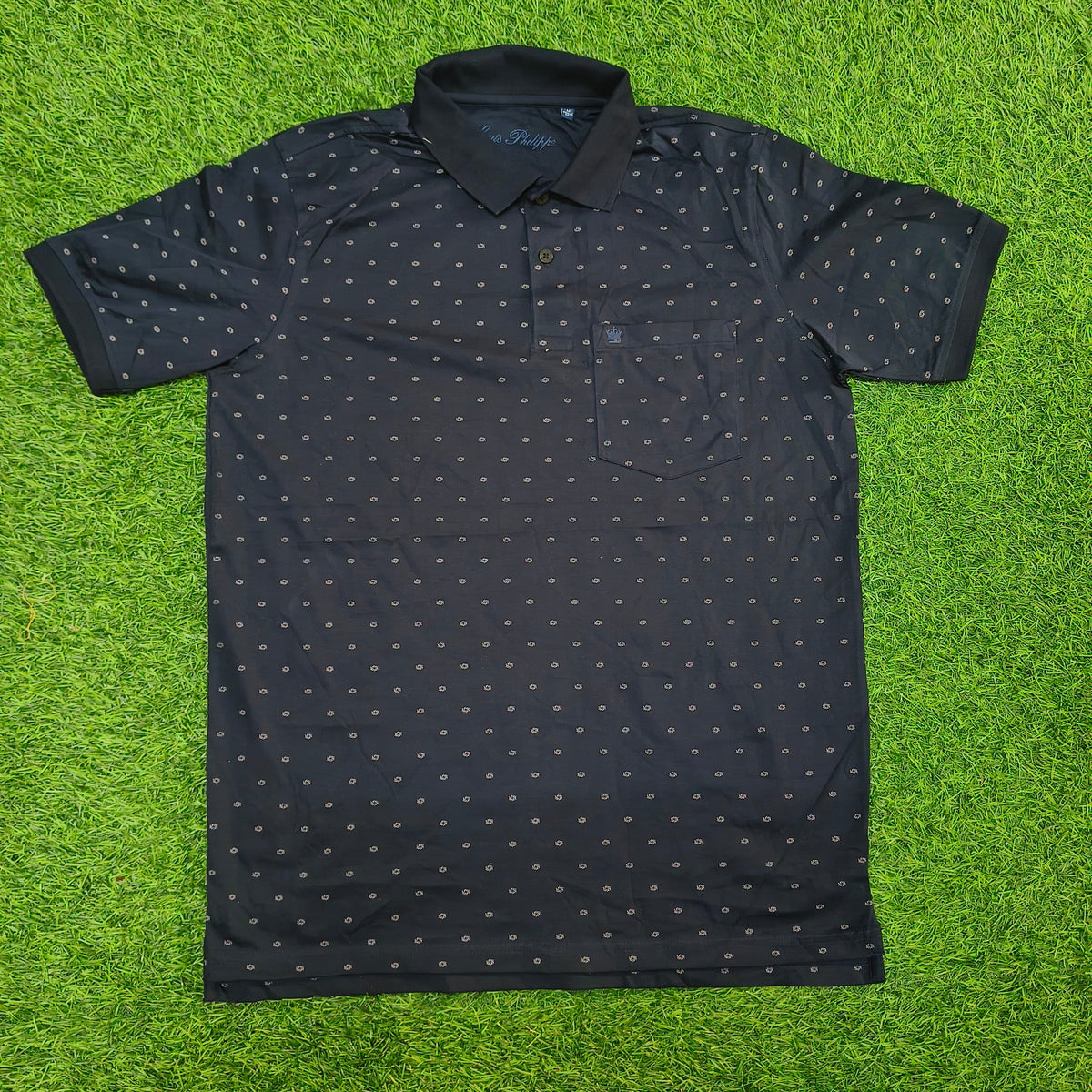 Men’s Navy Blue Mini Print Polo Collar Pocket T-Shirt