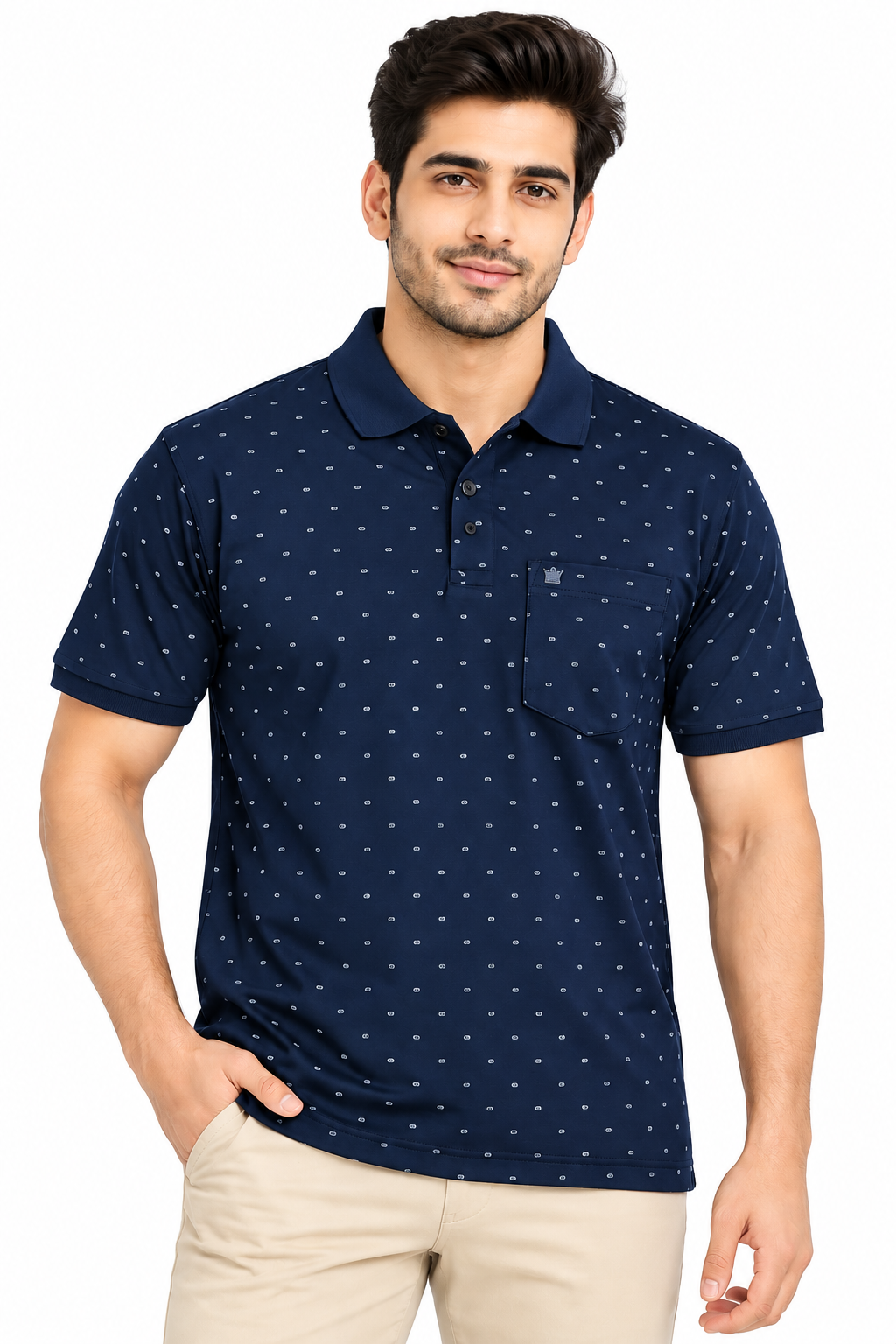 Men’s Navy Blue Mini Print Polo Collar Pocket T-Shirt