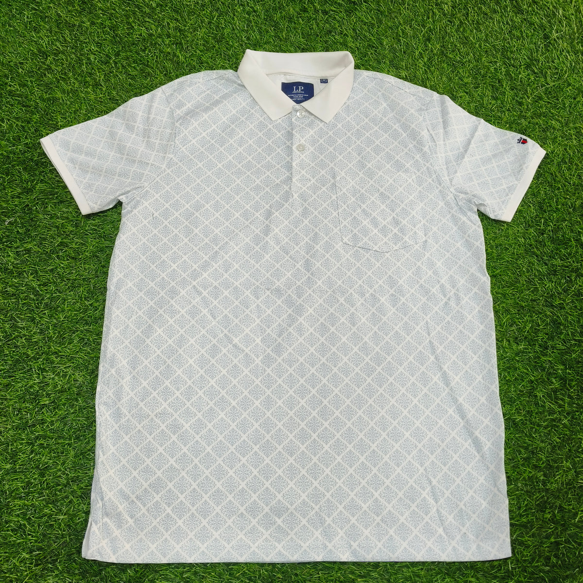 Men’s White & Light Blue Geometric Print Polo Collar Pocket T-Shirt