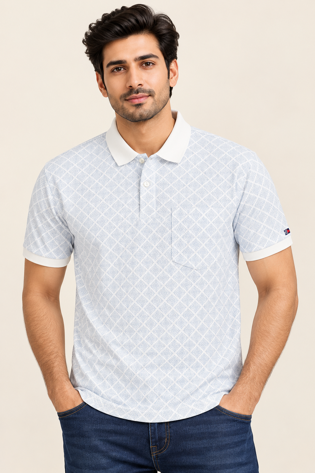 Men’s White & Light Blue Geometric Print Polo Collar Pocket T-Shirt